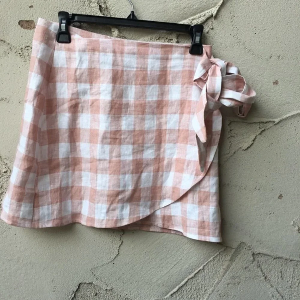 Reformation Side Tie Check Linen Wrap Mini Skirt Size M - Picture 7 of 9